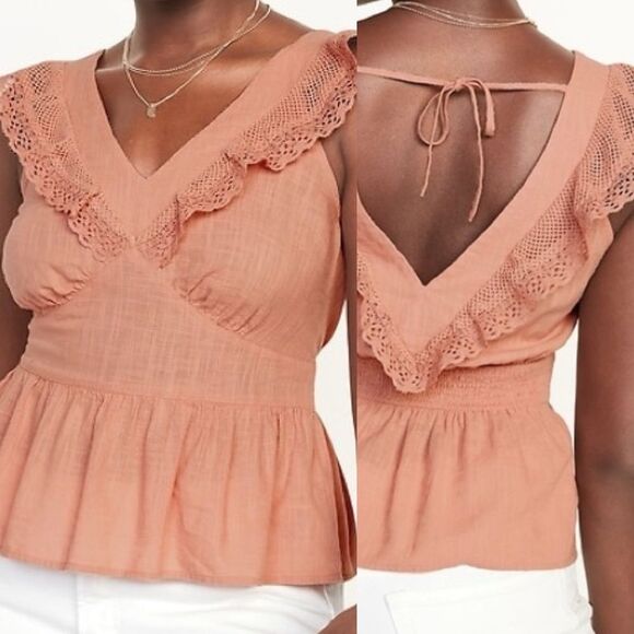 Old Navy Flutter Sleeve Crochet Lace low Tie-Back blouse Top peachy pink M - Picture 1 of 11